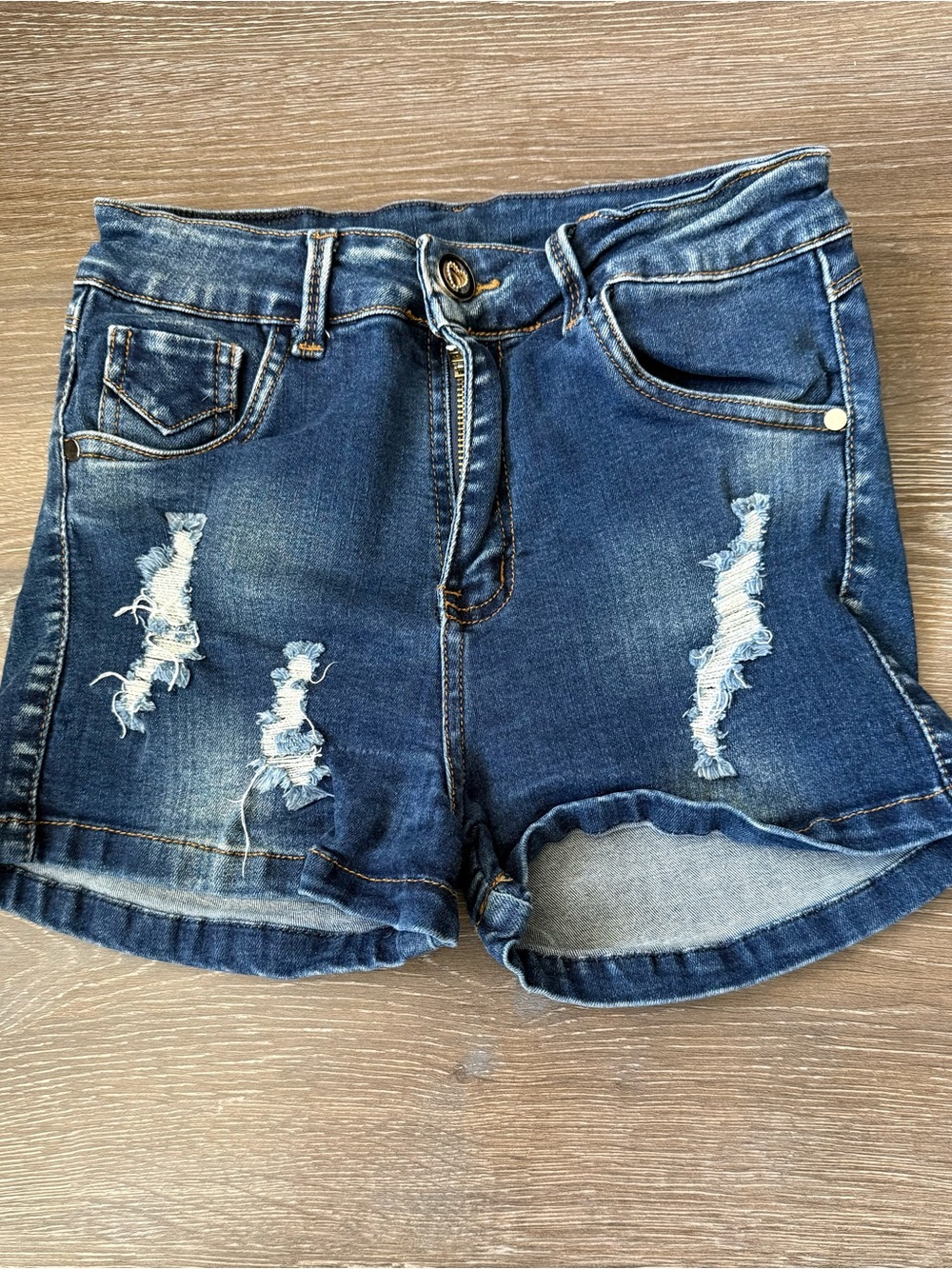 High-Rise Distressed Denim Jean Shorts in Blue